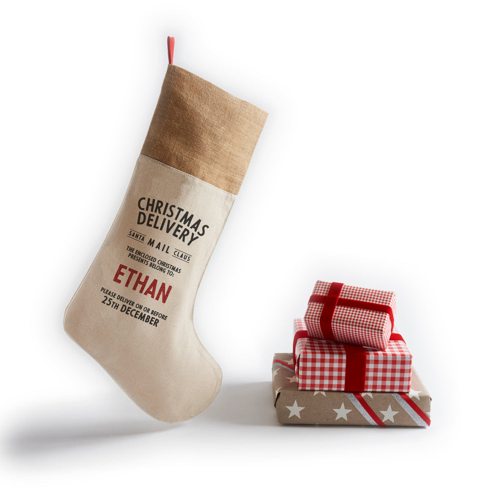 Personalized for You Cotton with Burlap trim Santa Stocking - Harrow and Green