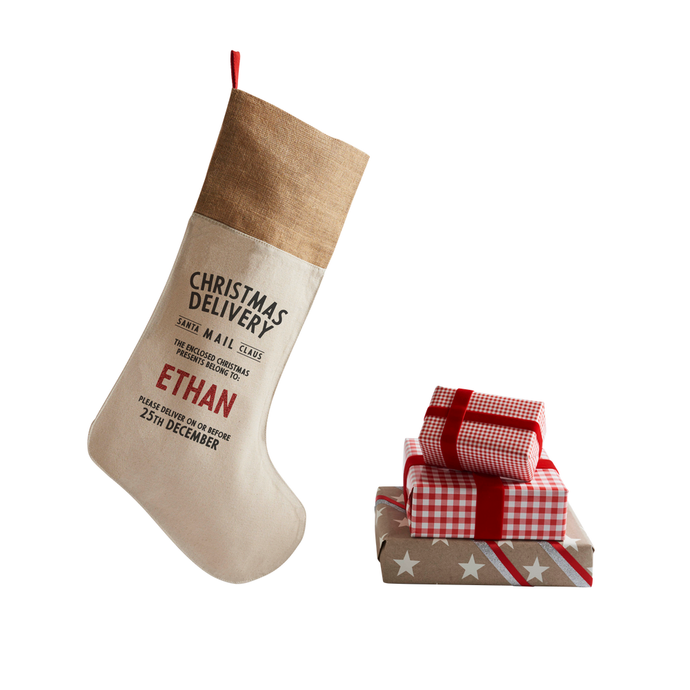 Personalized for You Cotton with Burlap trim Santa Stocking - Harrow and Green